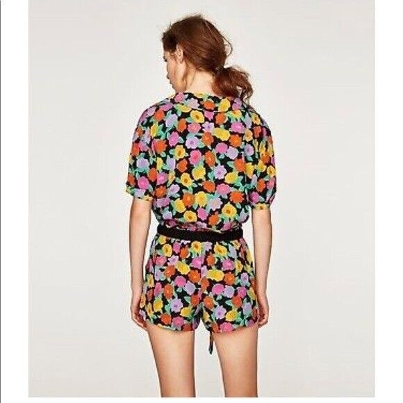 ZARA Trafaluc Small Floral Print Button-Up Shirt Open V-Neck Rolled Short Sleeve - Picture 4 of 16